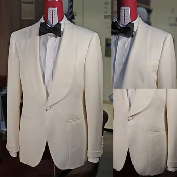 Бял мъжки костюм, едно парче блейзър с ревера на една пуговице, бизнес оборудвана смокинг, официален сватбен костюм на младоженеца, изработена по поръчка, Homme