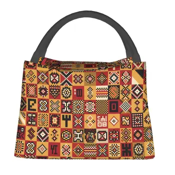 Африканска абстрактна чанта за обяд с шахматным принтом, Преносим кутия за обяд, Офис графична чанта-хладилник за момичета, сладки Оксфордские чанти-тоут за хранене
