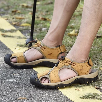 Мъжки сандали от естествена кожа, плажни обувки в стил ретро, ежедневни спортни сандали за разходки на открито, удобни нескользящие туристически чехли