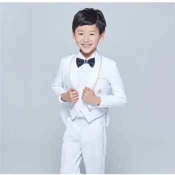 Нов мъжки костюм по фраковом стил, Смокинги, детски костюм с ревера, черен/Бял детски Костюм за сватба и абитуриентски бал (Яке + Жилетка + Панталони + Вратовръзка)