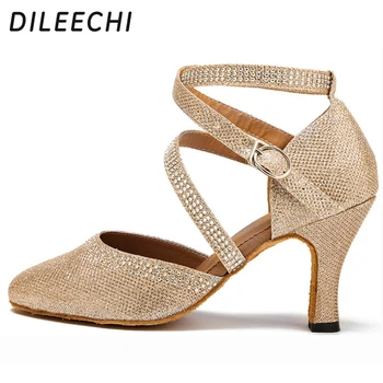 DILEECHI/ Дамски обувки за латино танци с кристали; златни обувки на висок ток 8 см; Обувки за балната зала танго и салса; Сандали; Обувки в сребрист ток 6 cm