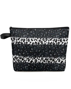 Леопардовый принт в черно-бяла ивица, пътна косметичка голям капацитет, Преносим чанта за съхранение на грим, женски водоустойчив молив случай
