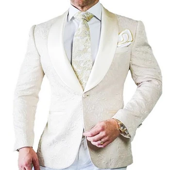 Нов Бял мъжки костюм Terno, оборудвана, 2 броя, подходящи за сватбен бал, смокинги за Младоженеца, Яке С панталони, Костюми Homme