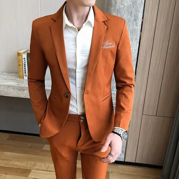 Костюми за мъже 2023, комплект от 2 теми (панталони + палто), оборудвана однобортный всекидневни бизнес яке в оранжево и лацканом, костюм Homme