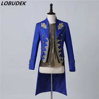 Мъжки дълъг жаккардовый сако със синя бродерия, ретро придворен фрак, вечерна парти, певец, водещ, Магьосникът, драматичен етап костюм