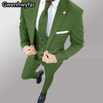 Gwenhwyfar Класически Зелен Мъжки костюм С Ревери, Сватбени Смокинги Младоженеца, Оборудвана Комплект от 3 теми, Бизнес Мъжки Блейзър за Бала, Жилетка, Панталони