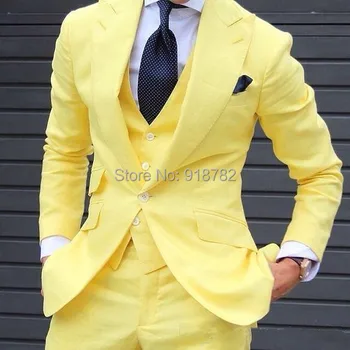 Жълти мъжки костюми от 3 теми, 2018, ушити по поръчка, най-новите модели палта и панталони, Луксозен мъжки костюм за сватбата на младоженците, мъжки костюм, Сако + Жилетка + Панталони