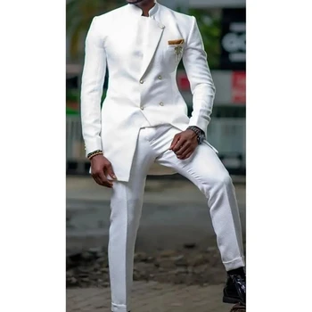 Африкански Модерни Бели Мъжки Сватбени костюми от 2 теми за Младоженеца, Ушити по Поръчка, Оборудвана Блейзър Terno Masculino за Бала, Яке + Панталон