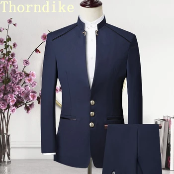 Мъжки костюм Thorndike, Блейзър в Китайски стил С Висока яка, Мъжки Сватбен Костюм на Младоженеца, Оборудвана Блейзър със Стандартен размер, Комплект Смокинг (яке + панталон)