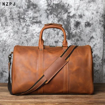 Мъжка чанта NZPJ в ретро стил, кожена чанта с голям капацитет, на първия слой, чанта-месинджър с цип от телешка кожа, 15-инчов лаптоп