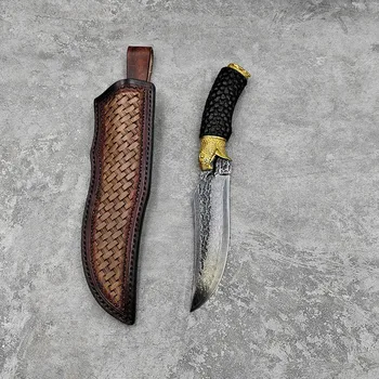 Нож от дамасской стомана, нож с фиксирано острие, эбонитовая и стоманена дръжка за оцеляване на открито, прав нож за къмпинг, за събиране на подаръци