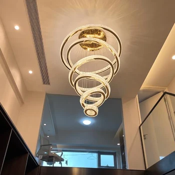 Пръстени за полилей в коридора и всекидневната от кристал, дизайн кръг от неръждаема стомана, висящи лампа, модерен проект, хотелски тела