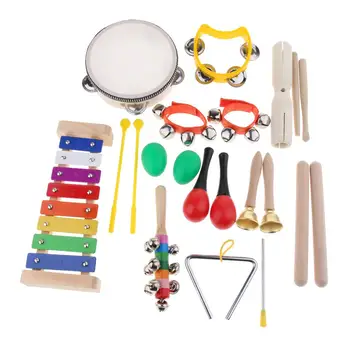 Комплект детски дървени ударни инструменти Музикален дайре ксилофон, маракас Нож с чанта за носене
