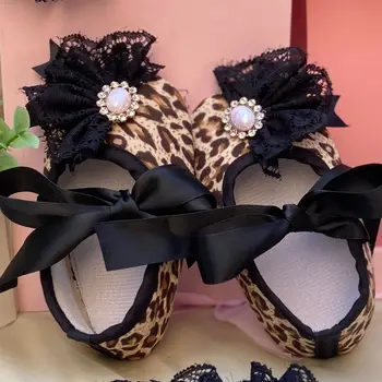 Бижута Dollbling, памучен детски обувки с принтом леопард за момичета, коприна чрез шнурове с черна завързана цвете 0 6 12 18 24 Месеца