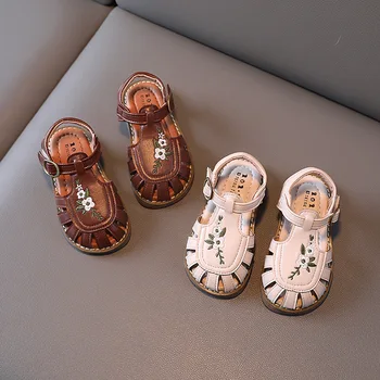 Удобни сандали с бродерия за малки момичета; обувки за деца от 1 до 8 години; меки кожени плажни сандали; нескользящая градинска обувки;