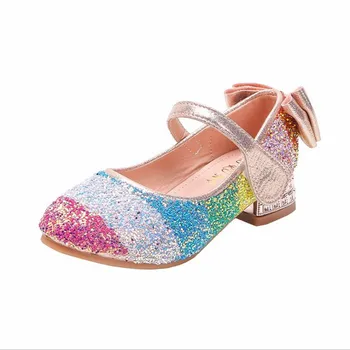 Преливащи се цветове обувки на принцесата за момичета с декорация във формата на кристали с високи токчета, детска празнична обувки, детски сватбени обувки на висок ток