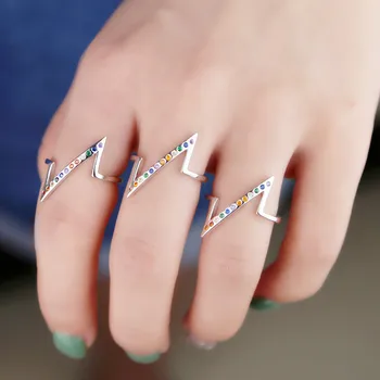 НОВ стил, геометрично сребърен пръстен с неправилна Z-образна форма за момичета, жени, подплатени през цялата дъга CZ, най-евтино на едро прости бижута