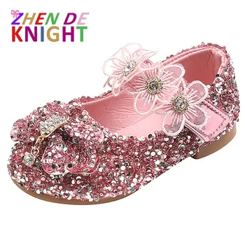 Обувки за момичета, новост пролетта 2023, кристални обувки на принцесата с лък и цветя модел, модерни обувки за момичета, лъскава кожа обувки, детски обувки на плоска подметка