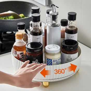 Кухненски кутии за съхранение богат на функции на въртящата се стойка Домакински въртяща се маса, Тенис на маса кутия за съхранение на козметика, въртящи се в тава на 360 °