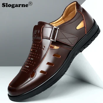 Мъжка лятна кожени обувки 2023, мъжки улични сандали, модерни обувки от изкуствена кожа с дупки, мъжки бизнес ежедневни обувки, сандали