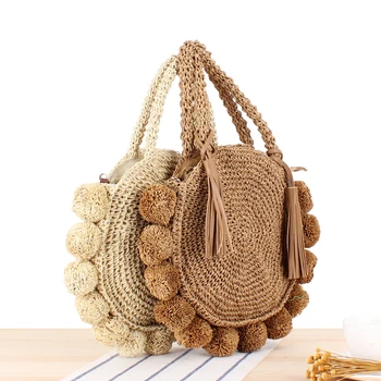 Нови плажни плетени чанти, летни дамски модни кръгла чанта с топки, изплетен от ратан, пътна сламена чанта