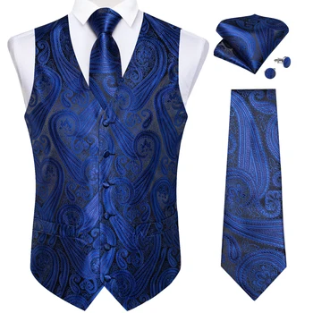 Официален мъжки жилетка, със синьо модел Пейсли, равен, квадратен джоб, копчета за ръкавели, класически бизнес сватбен жилетка без ръкави, четири сезона