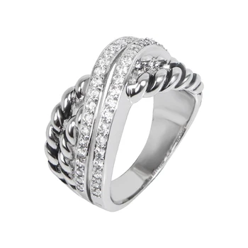 НЕФРИТОВИ АНГЕЛ X-образна редица от цирконий и плетени въжета Дизайнерски пръстен Стилен луксозен бял CZ Персонализирани празнично пръстен за жени и мъже