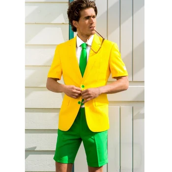 Модерен дизайн, Жълти и Зелени Летни Модни Мъжки Костюми с Къси Панталони за Сватбени смокингов, Мъжки Плажен блейзър от 2 теми