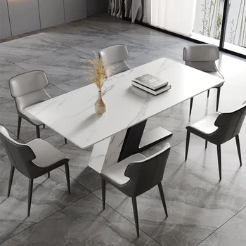 Модерен и луксозен бяла маса за хранене 63 инча, с правоъгълен плот от спечени камък, Z-образно основа от неръждаема стомана, Бяло-бактериално струпясване