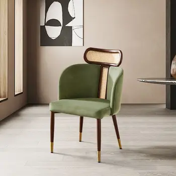 Модерен кът за стол от зелено кадифе средата на века, трапезни столове от ратан с извита облегалка (опаковка от 2)