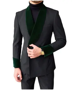 Модерни дизайнерски черни двубортные мъжки костюми с ревера на зелената кадифена шалове за бизнес формален повод, приталенная облекло, 2 броя в комплект
