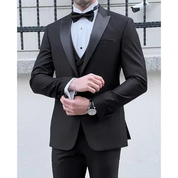 2023 Нови сватбени мъжки Черни сатенени Костюми с отворотами, бизнес случайни официален костюм Homme Slim Fit, комплект от 3 теми, яке, жилетка, Панталони
