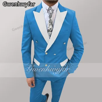 Гвенвифар 2022, най-Новите Сини мъжки Сватбени костюми, Бели на цвят С Назъбен Ревери, Мъжки костюми от 2 теми, Яке, Панталони, Homme Mariage