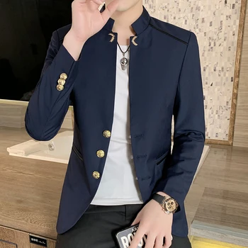 2023 Мъжка мода с висока яка, оборудвана китайски костюм за високо качество, сако / мъжки ежедневни trend официално сако, палто
