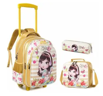 Училищна чанта за количка за момичета, ученически чанти-колички от изкуствена кожа с пакет за обяд, училищната чанта на колела, един раница за количка, чанта за количка