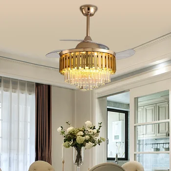 Полилеи, led вентилатор на тавана, окачена лампа, Модерна кристален хол, трапезария, Невидими луксозни домакински дистанционни тела в скандинавски стил