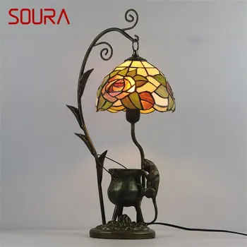 Настолна лампа SOURA Тифани от led винтажного Цветно стъкло, творчески настолна лампа с котка, Модерен Интериор за Дома, прикроватной нощни шкафчета в спалнята на хотела