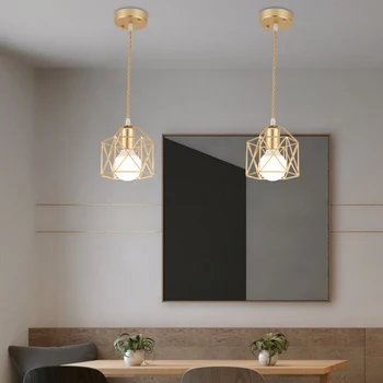 Модерен led окачен лампа Iron златисто-черен минималистичен окачен лампа в метална клетка за дневна, ресторант, магазини, бар, декорации