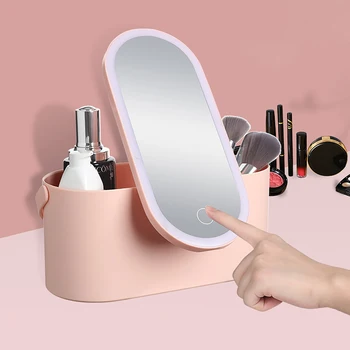 Многофункционален органайзер за грим за пътуване, кутия за носене с огледалото, огледална на кутията с led подсветка за жени, козметична кутия за пътуване
