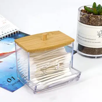 Кутия за памучни с бамбукови пръчки на капака, прозрачен пластмасов калъф за памучни столове, Многофункционални диспенсер за съхранение на клечки за зъби, вилици за плодове
