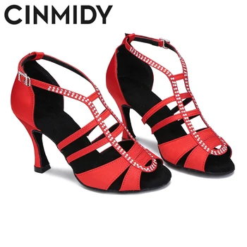 CINMIDY, червени сатенени обувки за латино танци, обувки за партита, обувки за салса, танго, бални танци, Дамски сандали с мека подметка