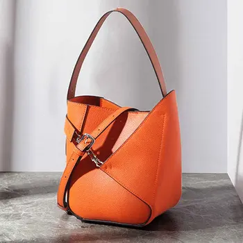 Дамска чанта кофа MS Fashion от естествена кожа в европейския и американския стил, луксозни дизайнерски чанти, оранжево портфейли-тоут, новост 2023 година