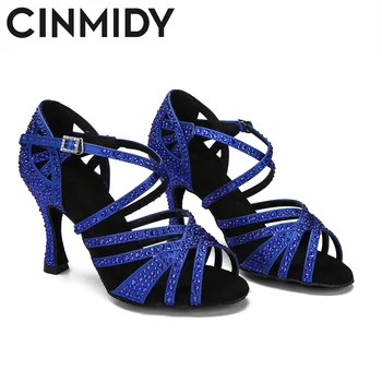 CINMIDY/ Сини Обувки за латинските танци, женски Обувки за танго Румба, Бални обувки с кристали, Танцови обувки за Жени, Червени Сватбени Обувки за Валс на ток